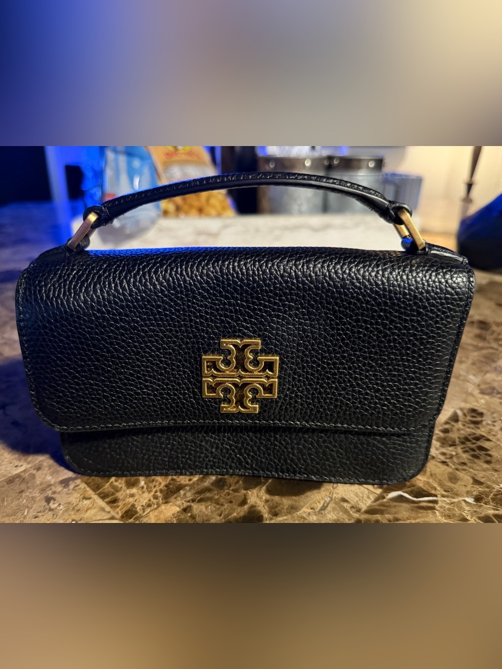 Tory Burch Black Pebbled Leather Shoulder Bag with Gold Logo Accent